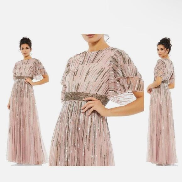 Mac Duggal Dresses & Skirts - Mac Duggal Blush Sequin Embellished Full Length Layered Sleeve Gown Dress